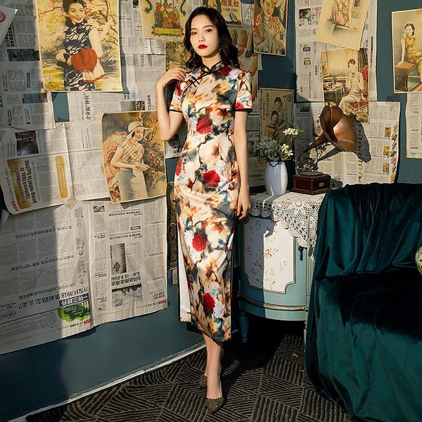 

women short sleeve flower printed cheongsam novelty vintage chinese mandarin collar qipao evening party dress vestidos ethnic clothing, Red