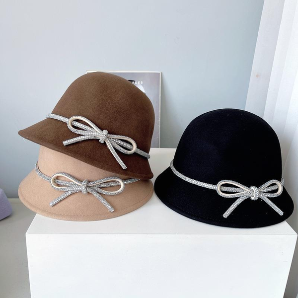 

luxury stingy brim hats new australian wool felt women's literary rhinestone fisherman before and after small basin tide fashion hat, Blue;gray