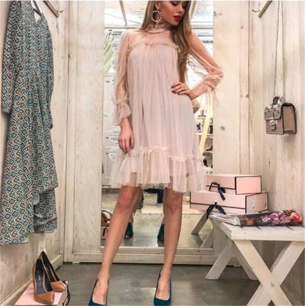 

casual dresses ukraine maxi dress summer real polyester mesh loose solid full ruffles knee-length women net yarn lotus leaf female, Black;gray