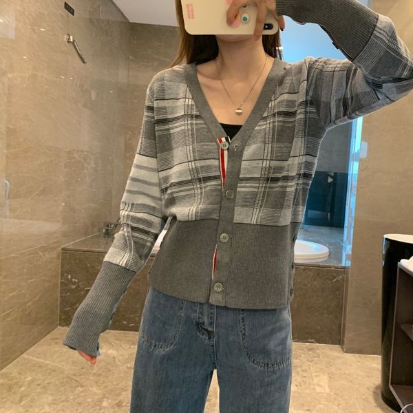 

tb grey plaid cardigan 1264 korean striped wool loose net red ins tide v neck knitted coat women's wear, White