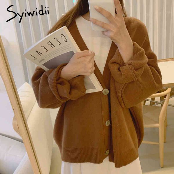 

syiwidii thick sweater women oversized v-neck cardigans spring autumn chic knitted loose casual fashion female warm coat 210417, White