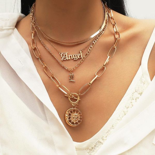 

chains selling jewelry personality classic letter angel moon sun pendant necklace multi-layer fashion female, Silver