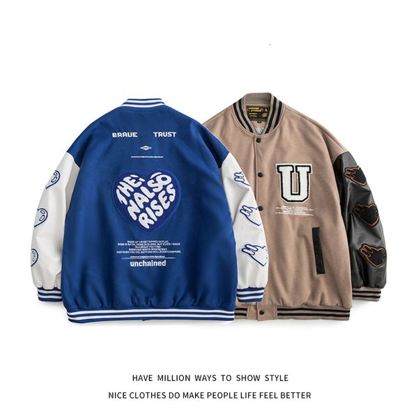 

women's jackets letterman baseball jacket, men's and women's heart-shaped embroidery printing, retro street bomber shirt, nov, Black;brown