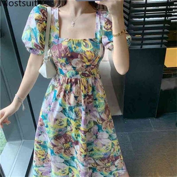 Ölgemälde Vintage Frauen Langes Kleid Sommer Kurzarm Quadrat Kragen Zurück Offene Kleider Elegante Damen Party Vestidos 210513