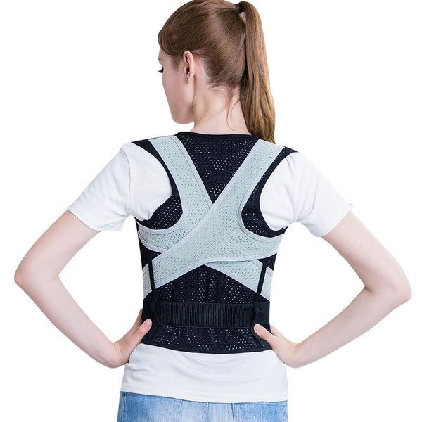 

women men back corset shoulder lumbar posture corrector bandage spine support belt correction, Black;blue