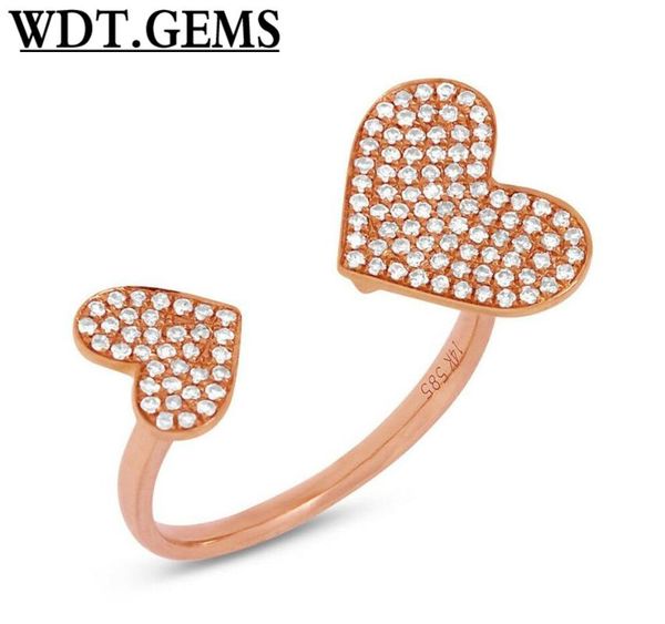 

0.33 ct 10k rose gold pave diamond 2 hearts open cocktail statement fashion ring cluster rings, Golden;silver