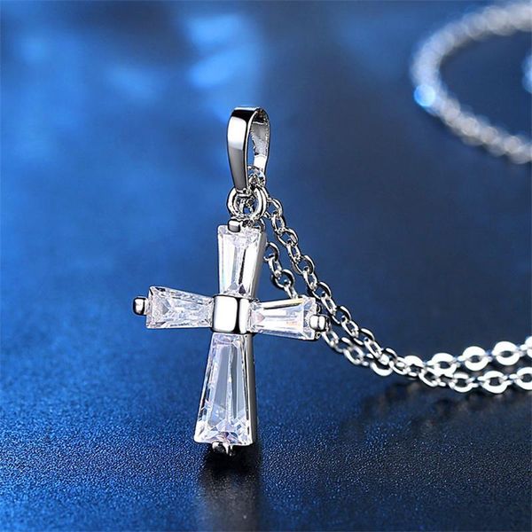

pendant necklaces luxury female crystal cross necklace fashion love wedding for women cute rose gold color long, Silver