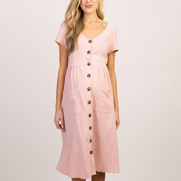 

maternity clothes 2021 spring summer pregnant women dress casual v neck 3/4 sleeve solid a-line dresses vestidos plus size, White