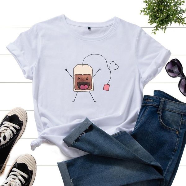 

women's t-shirt summer women 100% cotton short sleeve tea bag print female fashion casual t shirt ladies regular graphic o-neck tee, White
