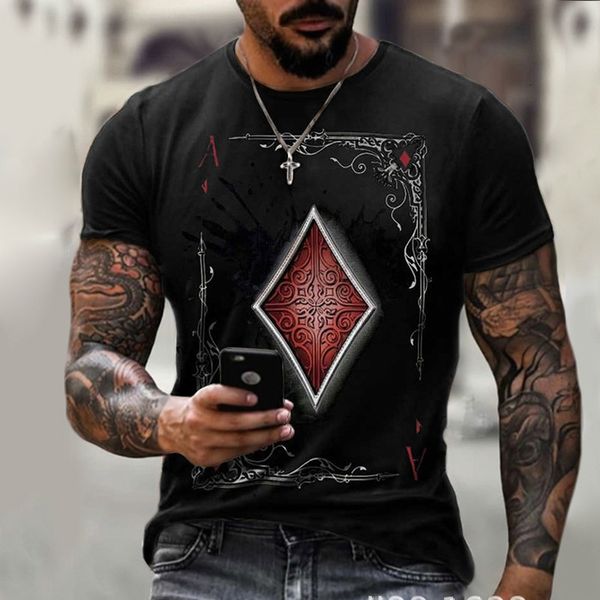 

2021 summer street fashion playing cards lattice square a 3d t-shirt men's large size casual short loose pullover, Black