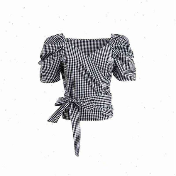 

women shirts vintage pleat puff sleeve plaid print bow tie sashes ladies v neck leisure chic chemise ls6556, White