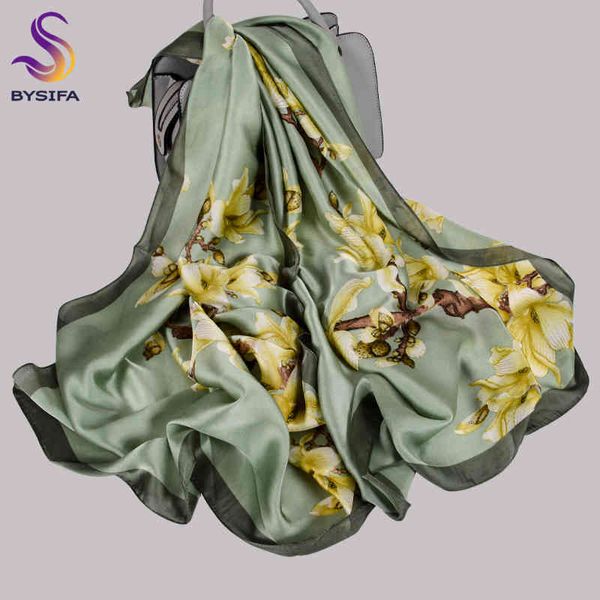

[bysifa] light green women silk scarf chinese style magnolia design elegant ladies long spring autumn scarves shawls, Blue;gray