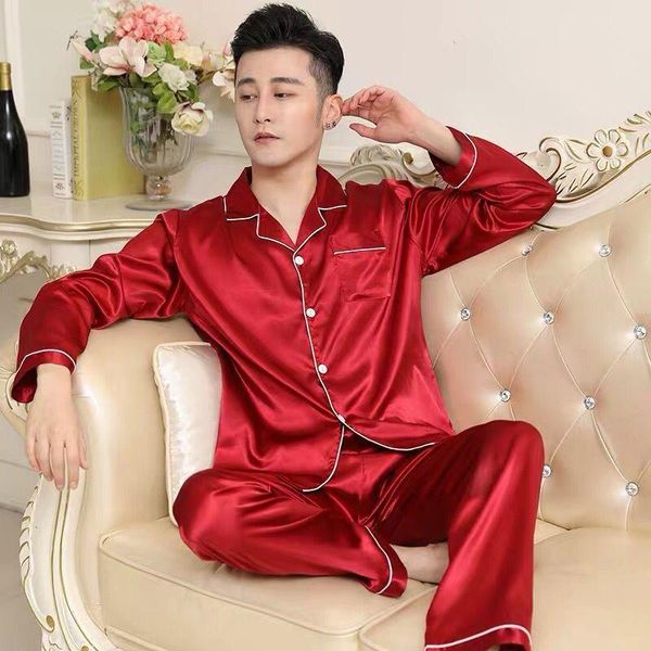 

men's sleepwear spring autumn men shirt&pants long sleeve pajamas set faux silk 2pcs male loose sleep casual pijamas suit, Black;brown