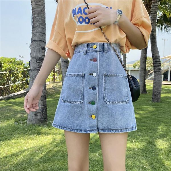 

skirts skirt women's summer 2021 korean denim versatile cute high waist student a-line, Black