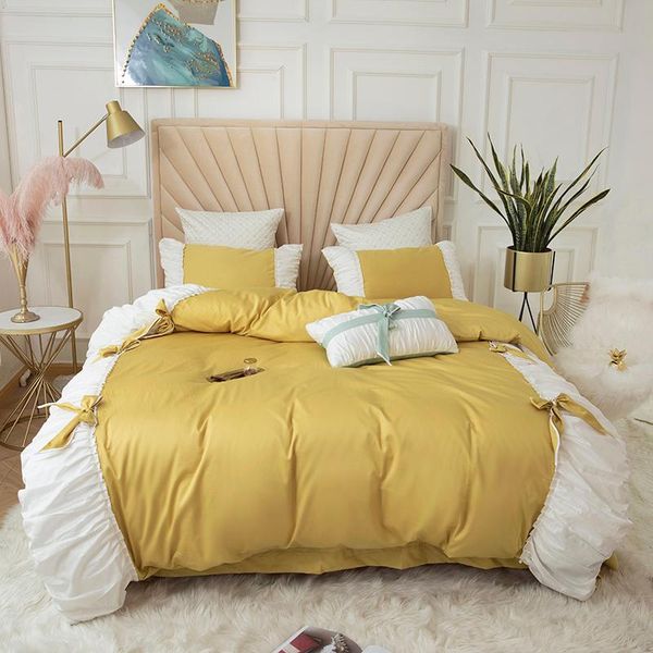

bedding sets yellow pink green 100% cotton princess girl set white ruffle splice and bowknot duvet cover bed shelinen pillowcases