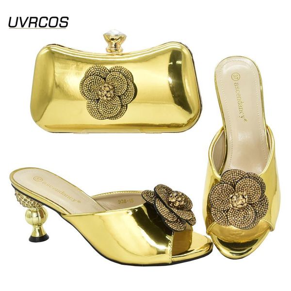 

dress shoes 2021 ins design golden color italian women and bag to match mature style matching set for party, Black