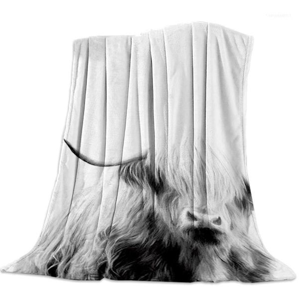 

black white cut highland cattle portraits flannel fleece bed blanket bedspread coverlet cover soft warm blankets11