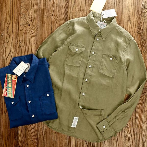 

men's casual shirts 2021 autumn winter american retro long sleeve lapel linen tooling shirt fashion slim washed old pocket blouses, White;black