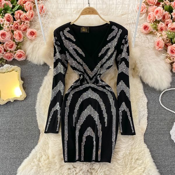 

women black bling diamonds bodycon mini dress female spring autumn elegant v-neck long sleeve high waist party vestidos new 2022, Black;gray