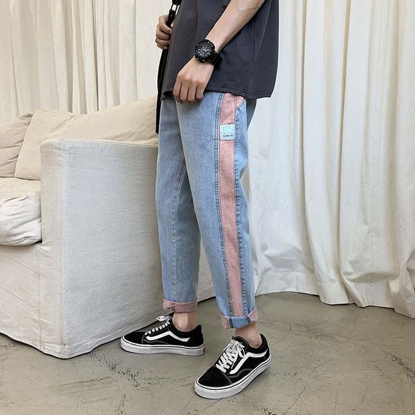 

spring and summer youth men's color matching loose jeans fashion casual straight pants pink / blue 28-34