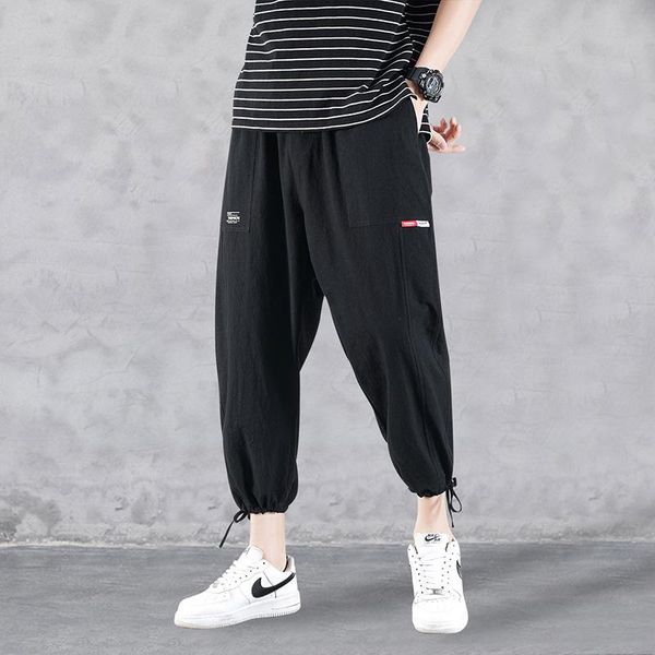 

8-point pants men's summer thin loose korean fashion casual sports boys' student drawstring corset overalls trousers, Black
