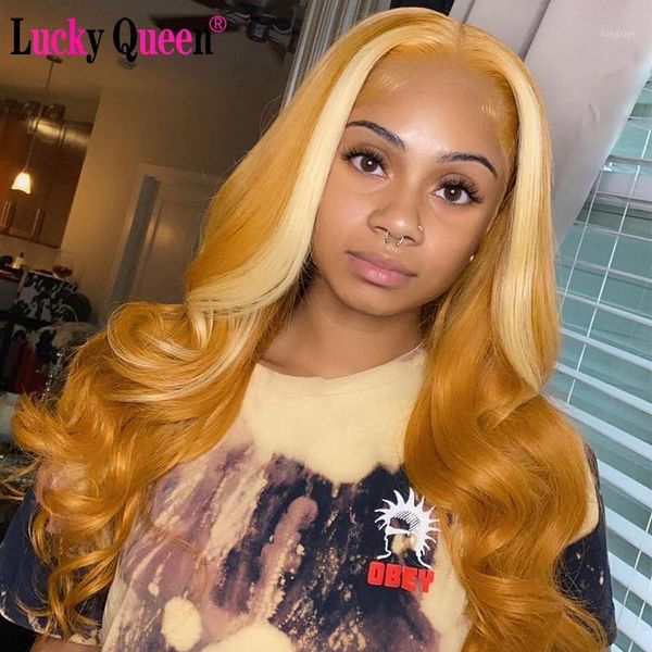 

lucky queen malaysian body wave ombre orange color transparent lace front human hair wigs pre plucked for black women remy hair1, Black;brown