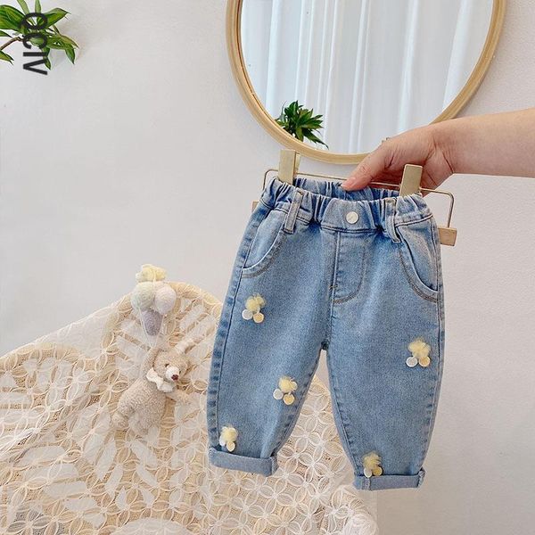 

jeans spring children kids cherry denim fashion pants full length princess girls trousers, Blue