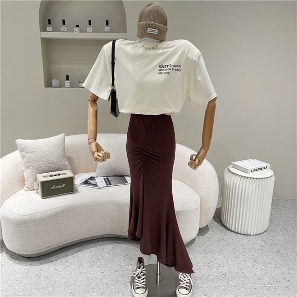 

skirts niche design two female joint parts 2021 summer fashion loosen sleeve short t-shirt + high waist drop fishtail skirt irregular, Black