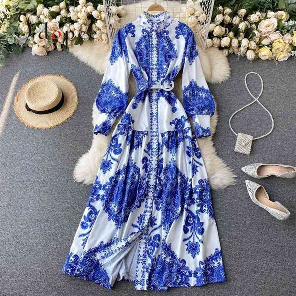 

elegant dress retro printing temperament standing collar plus size collect waist hit color women 210623, Black;gray