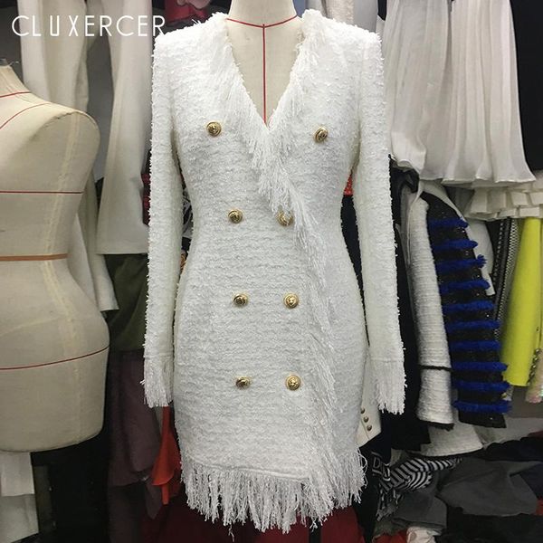 

casual dresses v neck tweed tassel dress women's fashion runway double breasted bodycon party female autumn long sleeve mini, Black;gray