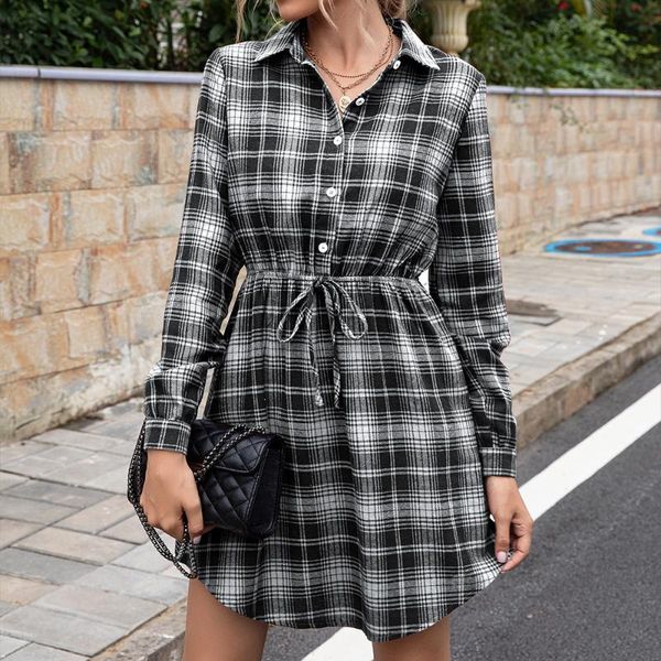 

men's casual shirts spring leisure mid-length waist rope plaid dress women checked coat turn-down collar blouse elegant streetwear, White;black
