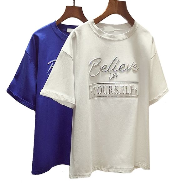 

zuolunouba casual short sleeve cotton tees girl letter believe in your self print o-neck women t-shirts white loose 210708
