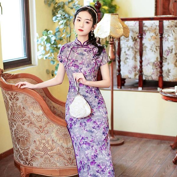 

ethnic clothing chinese traditional cheongsam women's daily slit slimming slim elegant floral print 2021 spring, summer, autumn and win, Red