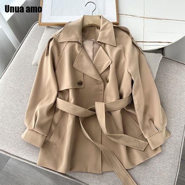 

women's trench coats unua amo 2021 autumn casual women windbreaker classic lapel double breasted belted loose short female coat, Tan;black