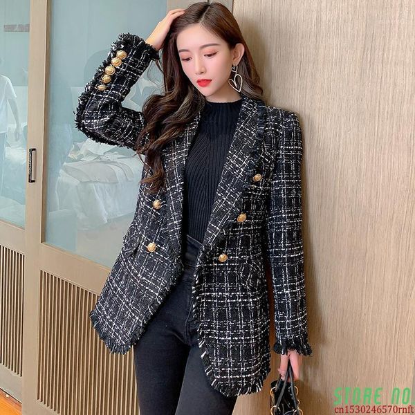 

autumn winter women tassel tweed jacket coat metal gold double breasted long sleeve casaco feminino women's jackets, Black;brown
