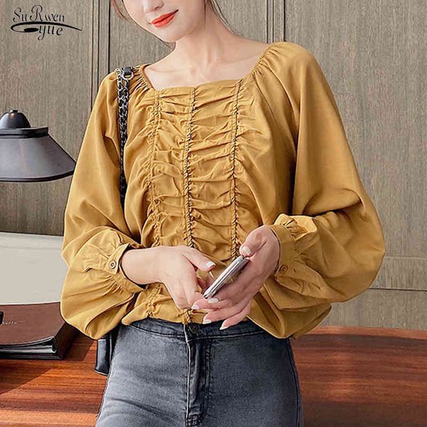 

autumn korean slim chiffon shirt women casual solid puff long sleeve pullover blouse plus size ladies clothing 10698 210508, White