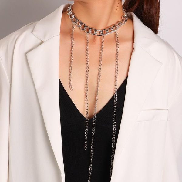 

chokers gold punk long chains charms statement choker necklace for women female hip hop chain necklaces party jewelry gift, Golden;silver