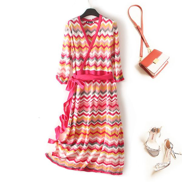 

casual dresses dresses summer women fashion rainbow striped knitting v-neck three quarter sleeve beach female sweater dress 4mej, Black;gray