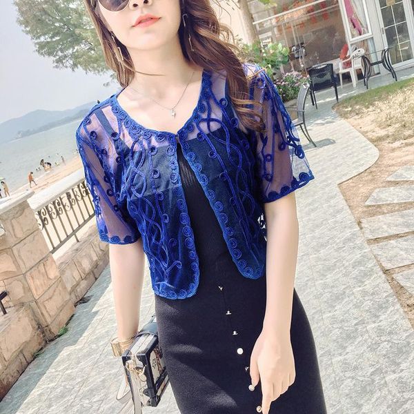 

women's sweaters 2021 summer embroidery mesh crochet lace embellished cape short sleeve v collar women cardigan femme bolero coat, White;black