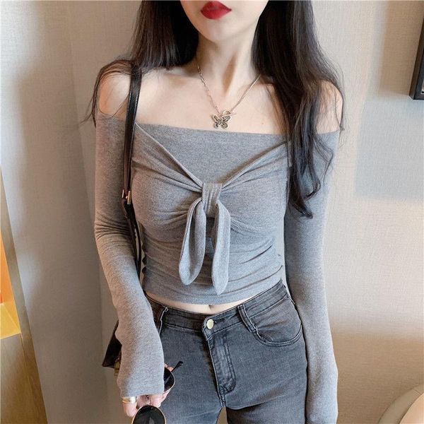 

solid rib bow tie front long sleeve cute off shoulder slim fit women t-shirt causal crop women's, White