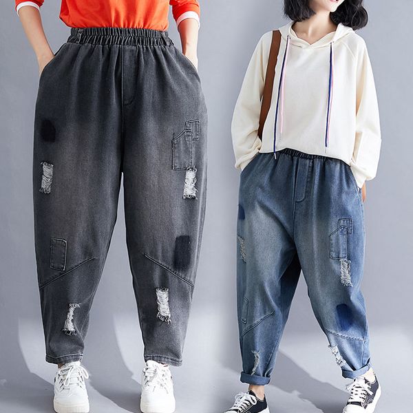 

d 1416 blue large size ladies elastic waist hole jeans women nine points straight loose trousers in spring new lady