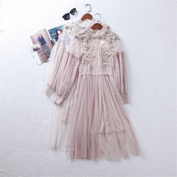 

casual dresses 2021 summer lace dress women sweet flower mesh midi female stand-neck long-sleeved party vestidos two-piece suit, Black;gray
