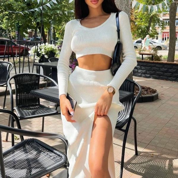 

women's tracksuits european and american autumn winter dress pure color long sleeve fashion slit skirt two sets zimmerman, Gray