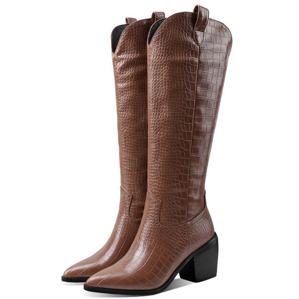 

boots fashion cowboy knee high women block heels women's western black white autumn winter shoes female 2021
