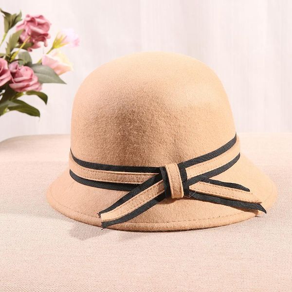

caps & hats elegant french style bow wool felt bucket hat women fall winter billycock fashion vintage cap good craft, Yellow