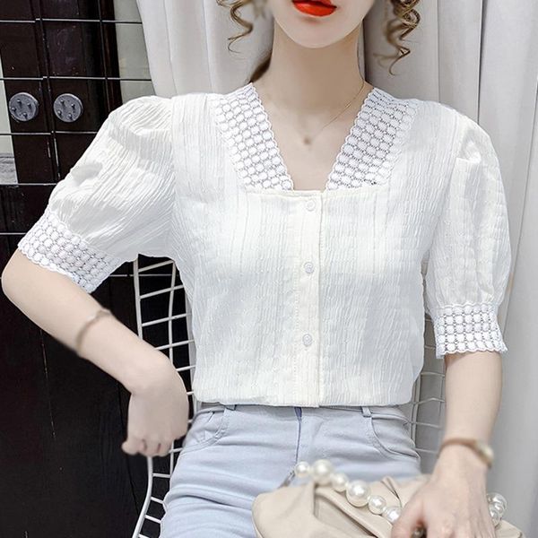 

women's blouses & shirts spring summer v-neck bubble sleeve lace shirt single breasted pleated women, White