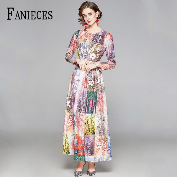 

autumn runway designer maxi dress with belt women's elegant office lady flower print long floor-length dresses vestido de mujer 210520, Black;gray