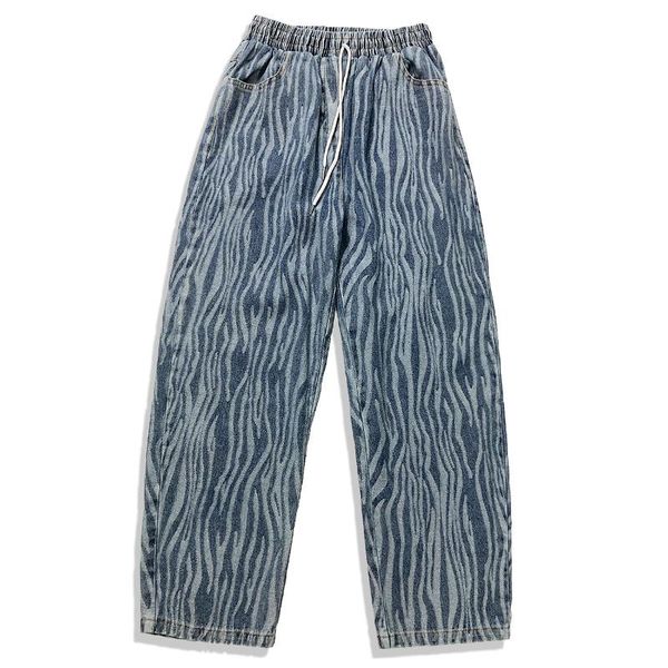 

men's jeans retro denim distressed zebra print streetwear harajuku hip hop jogger pants, Blue