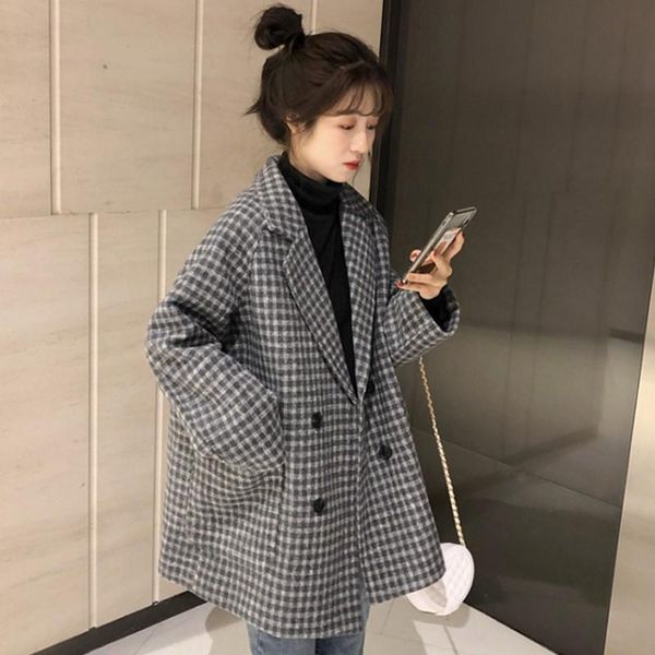 

women's wool & blends large size m-2xl winter loose plus cotton thick plaid suit collar mid-length woolen coat retro warm female jacket, Black