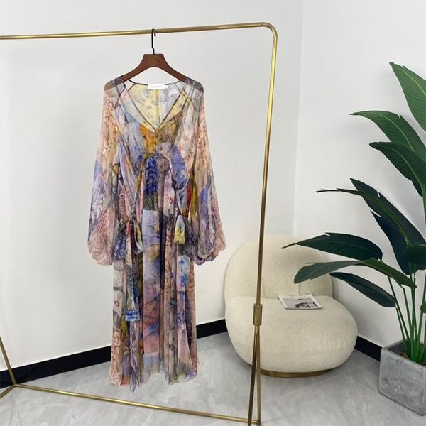 

casual dresses 2021 autumn vintage fashion botanical print long lantern sleeve ladies elegant loose dress silk, Black;gray